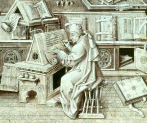 yapboz Kopyacı kalem ve parşömen ya da kağıt üzerinde mürekkep manastır yazıhanesi ile çalışan rahip